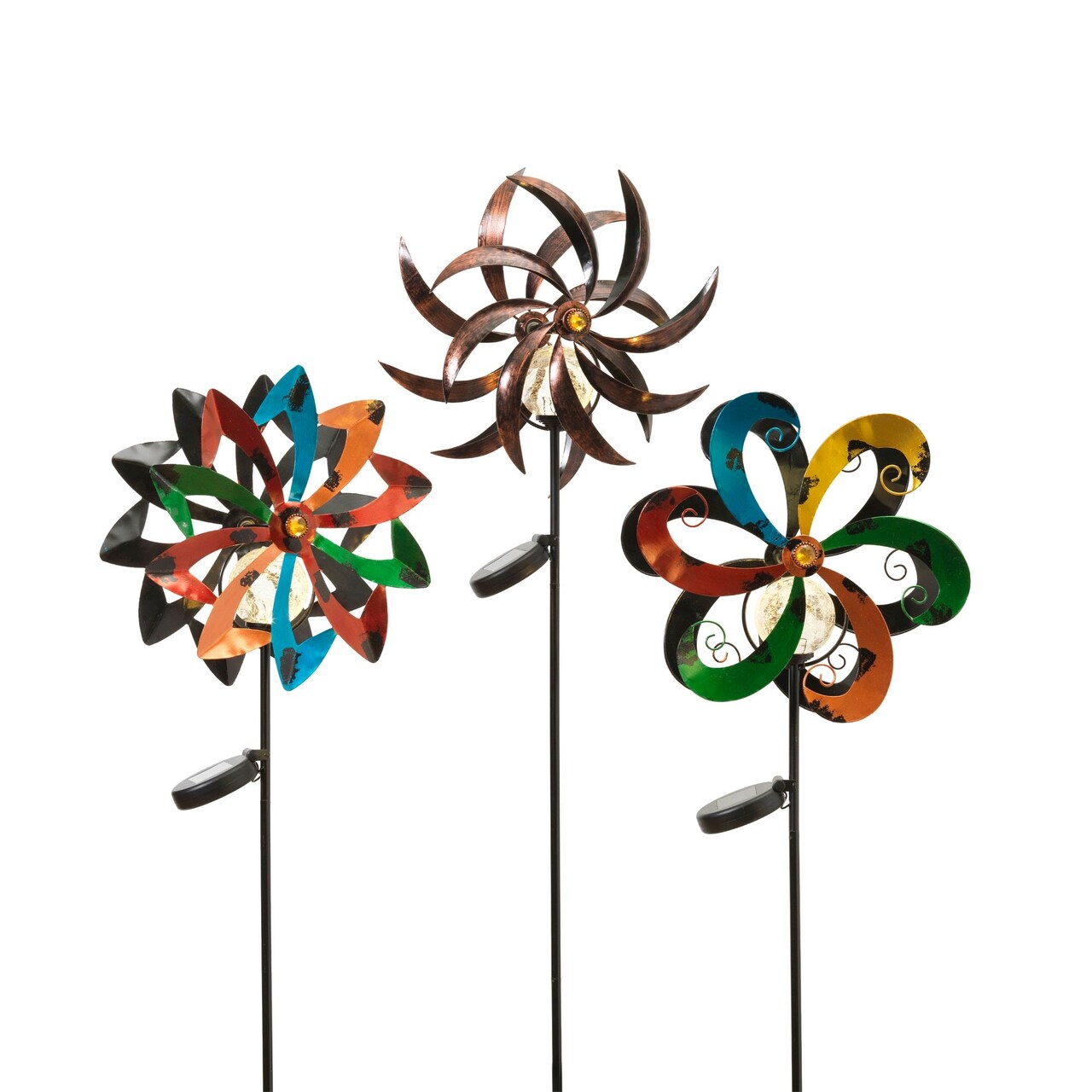 Contemporary Home Living Set of 3 Brown and Green Solar Powered Wind Spinner Stakes 44"